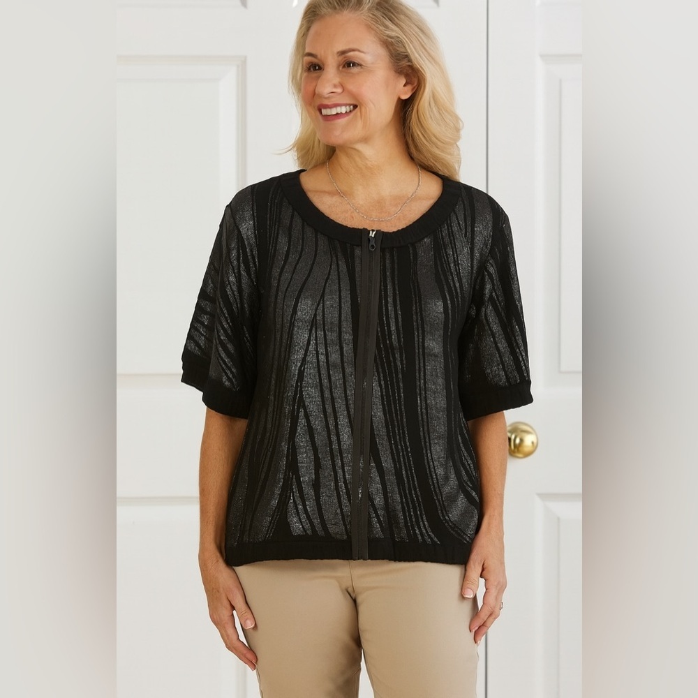 Diane Von Furstenberg Zip Up Wet Look Shimmery Short Sleeves Sweater